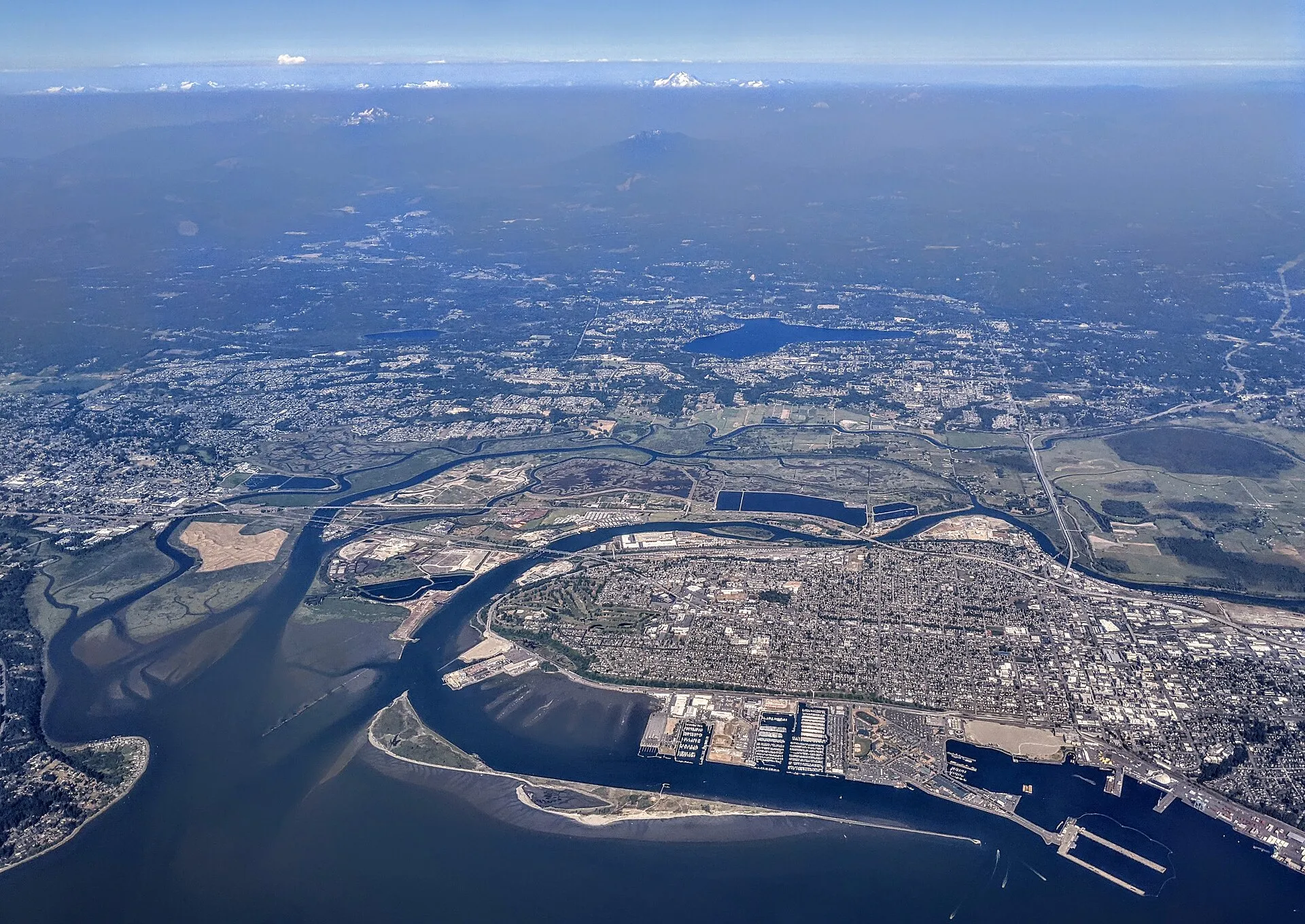 Everett from the air, on its peninsula between Port Gardner Bay and the winding channels of the Snohomish River delta