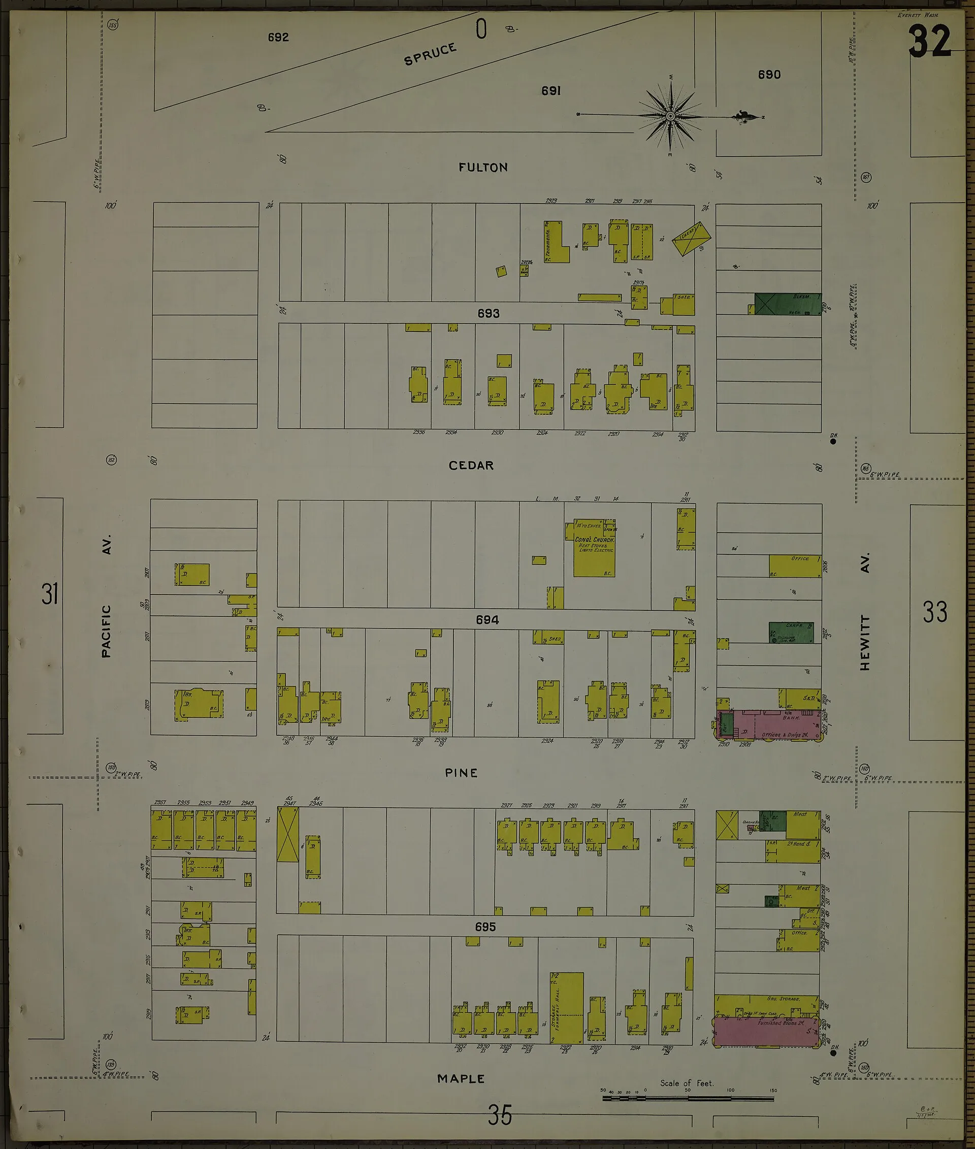 Sanborn fire-insurance map of Everett from 1902, showing blocks of yellow frame houses along Fulton, Cedar, Pine and Maple