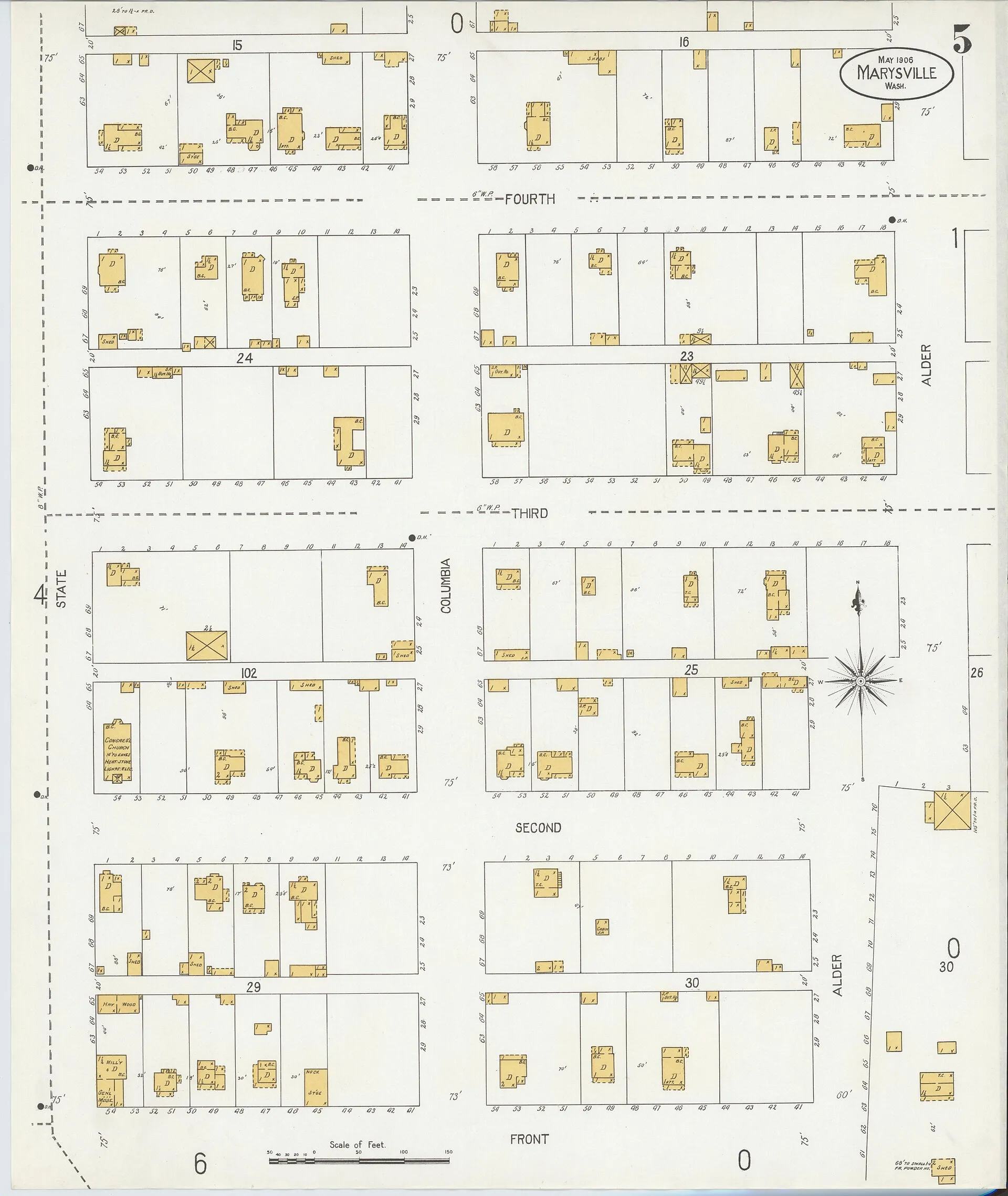 Sanborn fire-insurance map of Marysville from 1906, showing residential blocks of frame houses