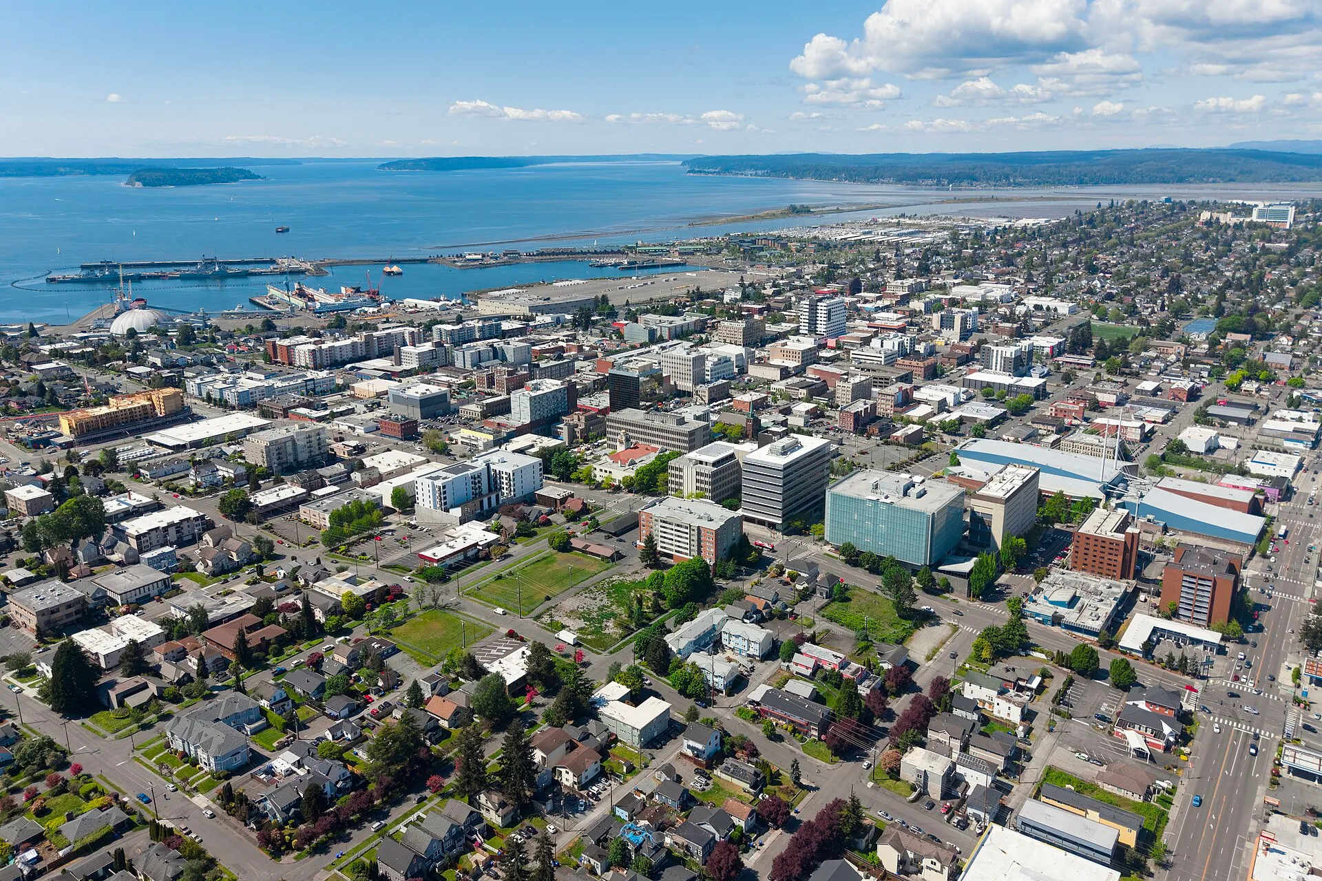 Aerial view of north Everett's houses and downtown running down to Port Gardner Bay