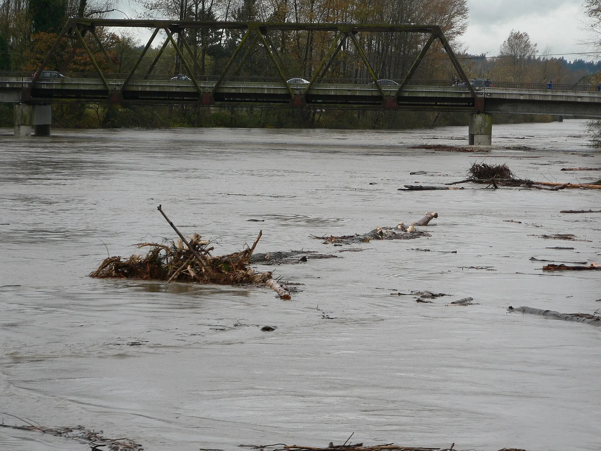 The Snohomish River running high and brown under a steel truss bridge, with driftwood in the current